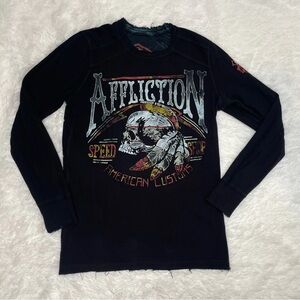Affliction Mens Size L Large Reversible Thermal Shirt Long Sleeve Skull Grunge